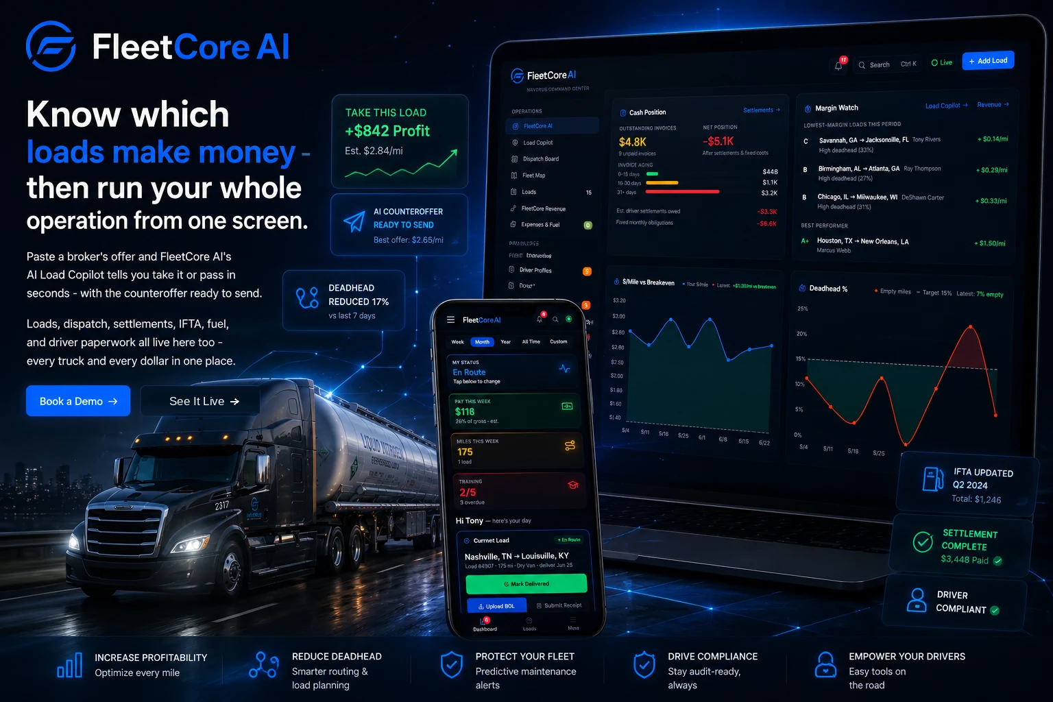 FleetCore AI — know which loads make money and run your whole fleet from one screen. The dashboard, driver app and AI Load Copilot show take-it-or-pass verdicts, deadhead reduction, IFTA, settlements and driver compliance.
