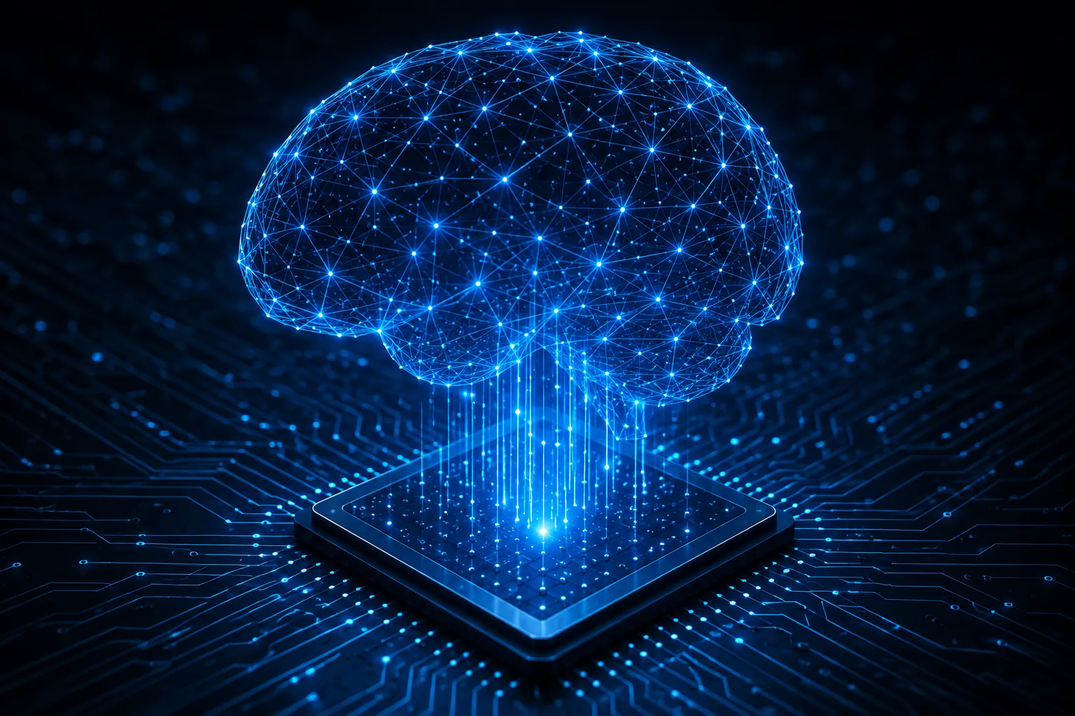 A glowing neural network shaped like a brain, streaming data into a processor on a circuit board.