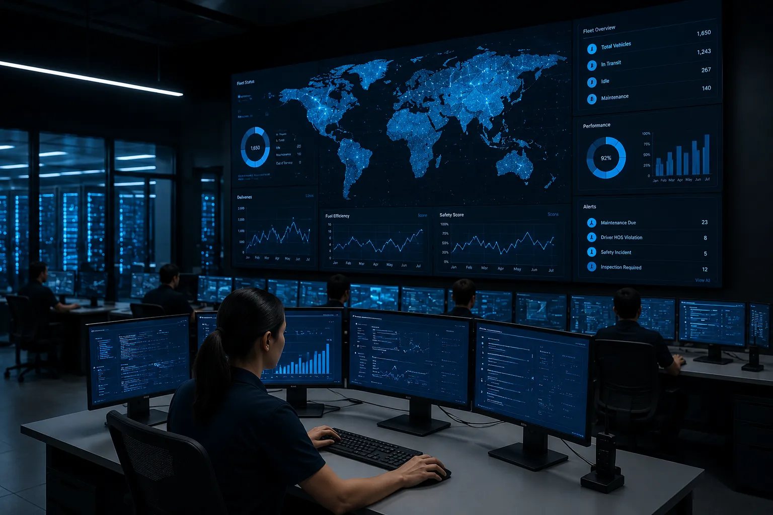 A live fleet operations control room — dispatchers monitoring a wall of real-time fleet status, performance and alert dashboards.