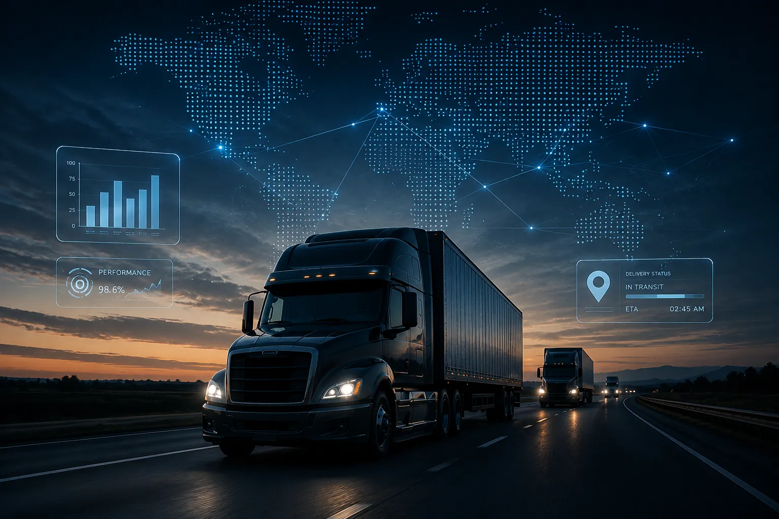 A fleet truck on the highway at dusk, overlaid with live performance, delivery-status and route telemetry.