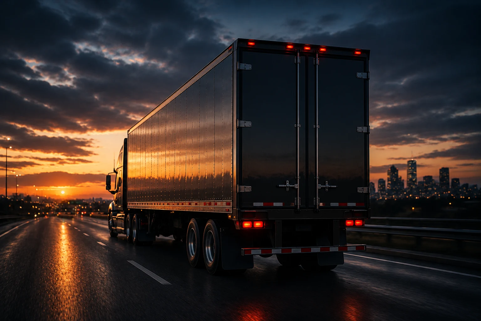 A freight truck heading toward a city skyline at sunset.