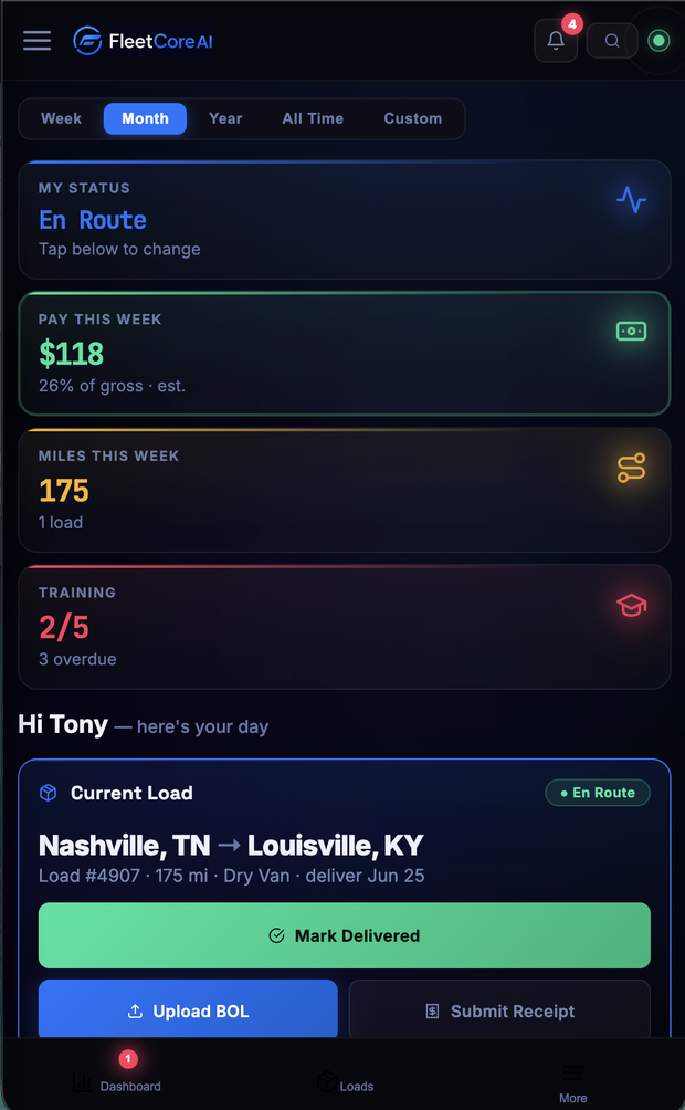FleetCore AI driver app — today's load, pay this week, mark delivered and upload BOL from the road.